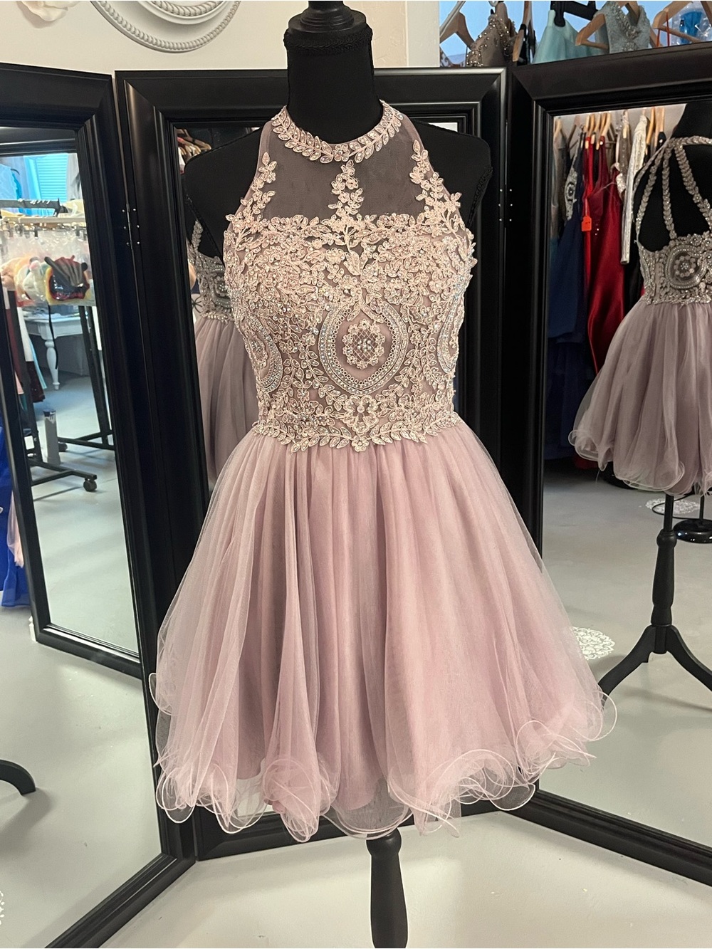 Beaded Halter Tulle Prom Dress in Dusty Lavender